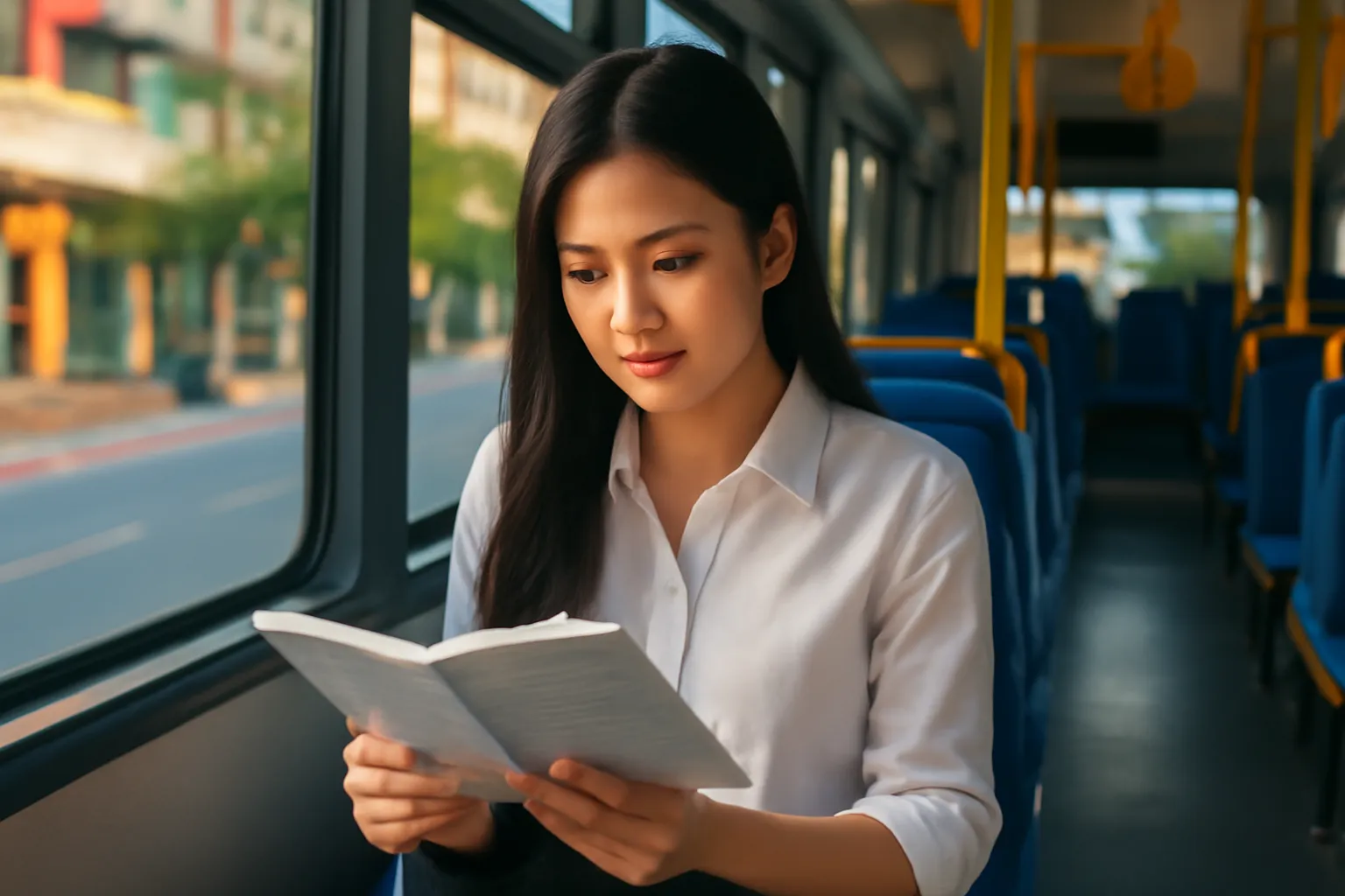 Người phụ nữ đọc vở ghi chép trên xe buýt buổi chiều