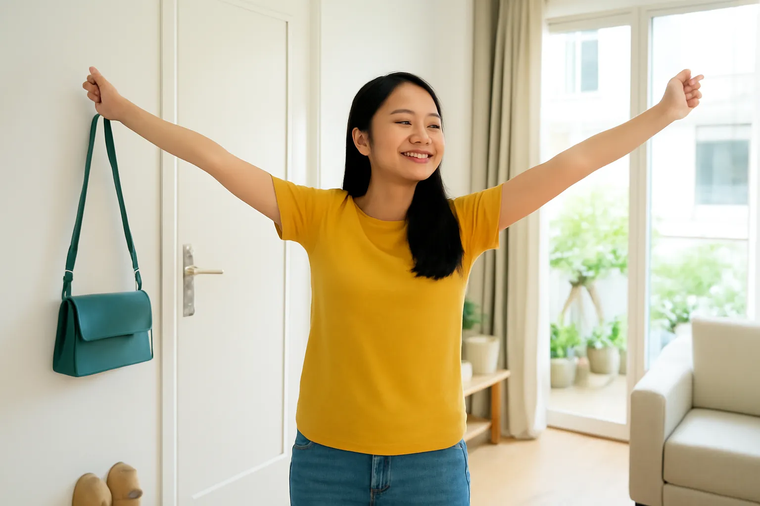 Người phụ nữ vươn vai sau khi về nhà, túi xách treo trên móc cửa