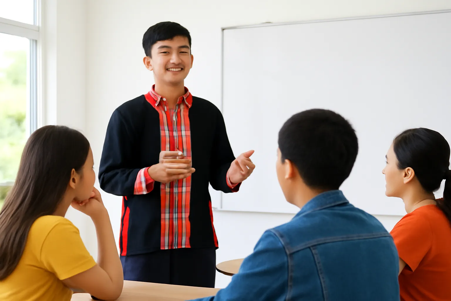 Chàng trai trẻ đứng trình bày trước nhóm nhỏ trong lớp học