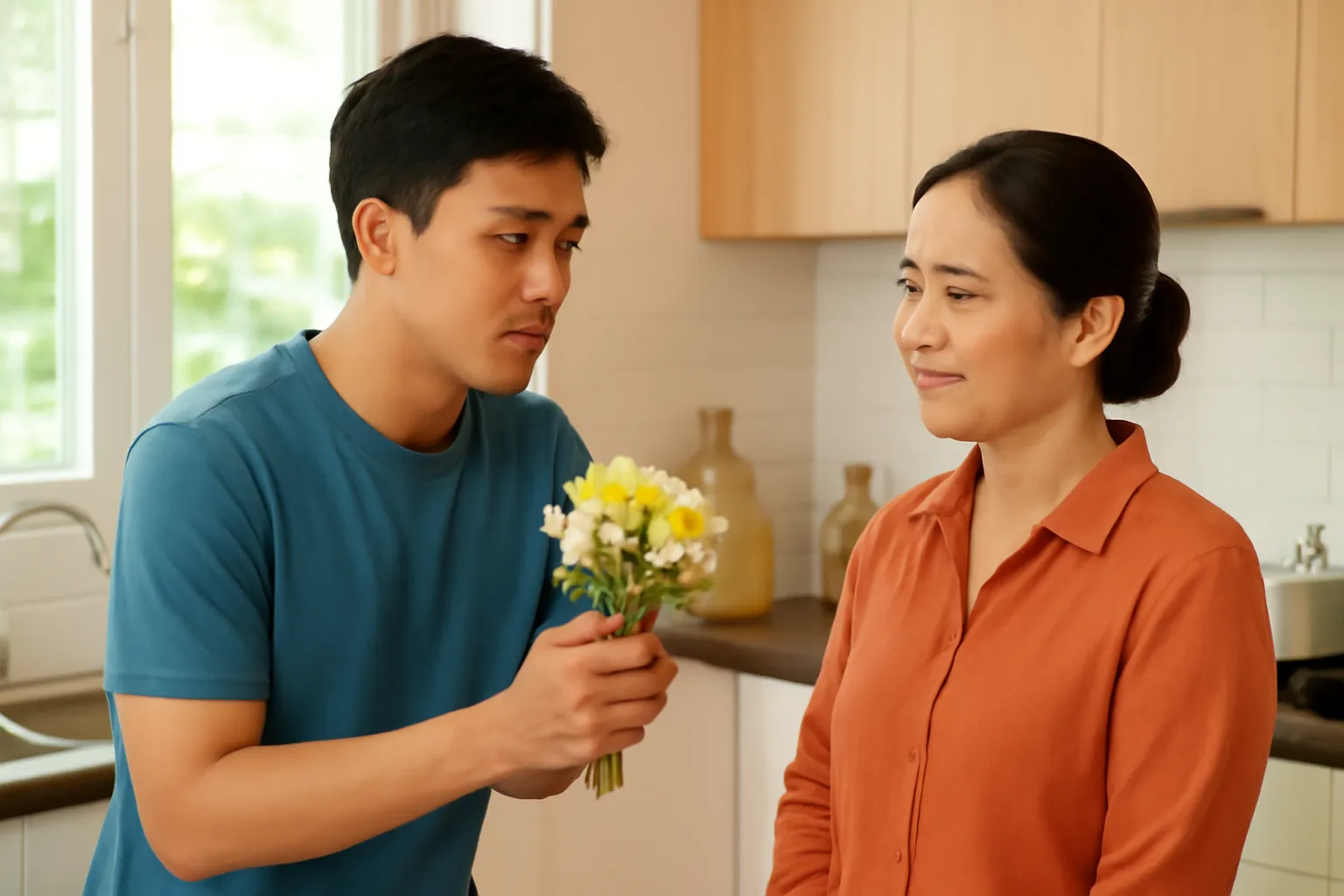 Chàng trai trao bó hoa nhỏ và nói lời xin lỗi với mẹ trong căn bếp nhà