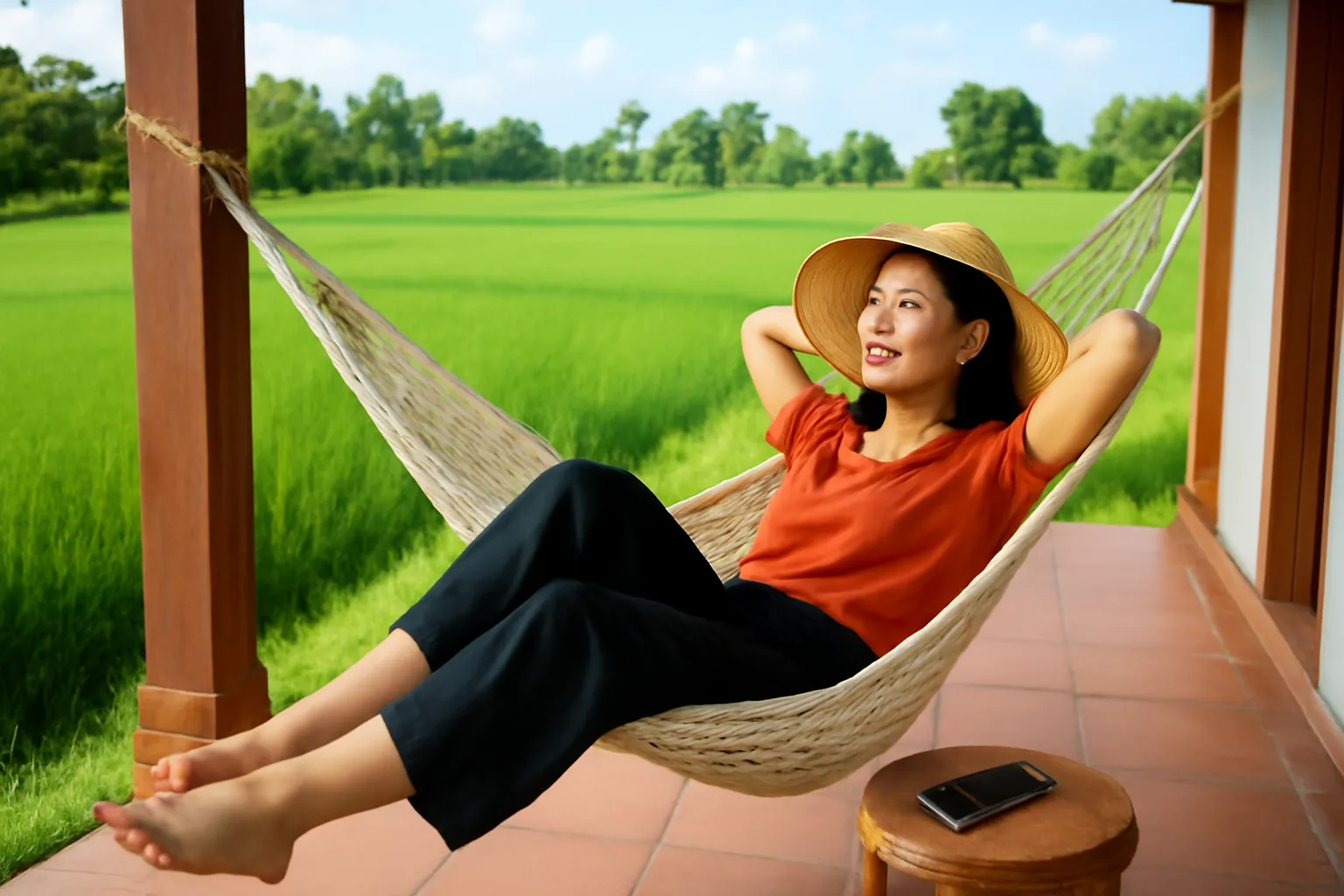 Người phụ nữ nằm võng ở hiên nhà quê, điện thoại úp trên ghế bên cạnh