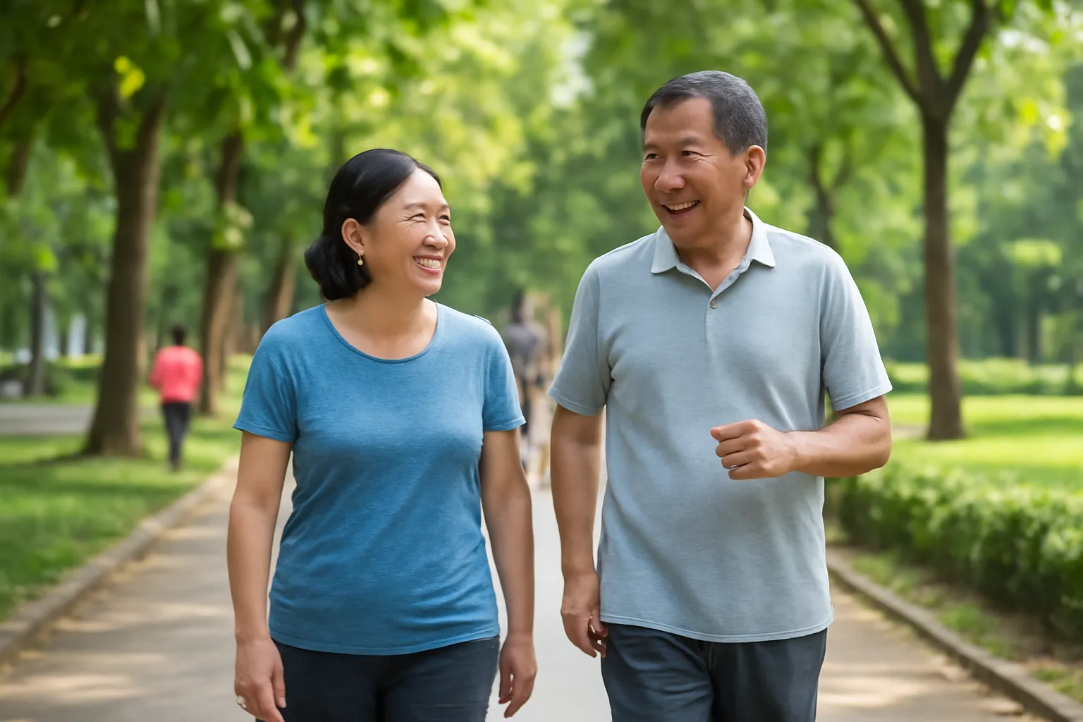 Hai người lớn tuổi đi bộ tập thể dục cùng nhau trong công viên buổi sáng